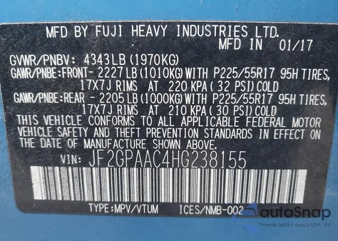 2017 Subaru Crosstrek 2.0I from USA, damaged, VIN JF2GPAAC4HG238155